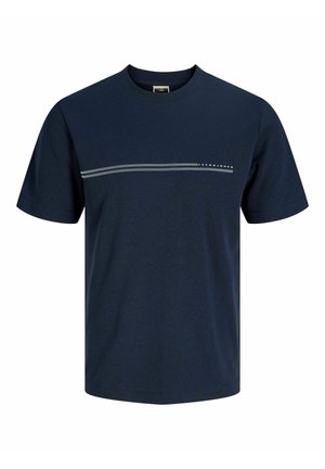 Pametna plava pamučna majica kratkih rukava s okruglim izrezom, kratkim rukavima i svjetlijom vodoravnom prugom preko prsa s natpisom marke.