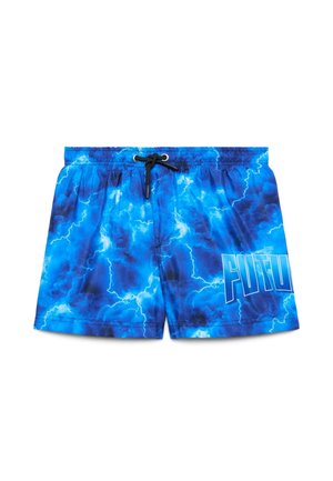 Costume da bagno blu con motivo a lampi elettrici, coulisse nera e testo parziale "FUTU" sulla gamba destra.
