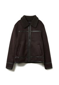 Schwarze Sherling-Jacke mit flauschigem Kragen, verziert mit Lederakzenten, Reißverschluss und zwei Seitentaschen für Funktionalität.