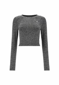 Grijze cropped trui met lange mouwen, met een gestructureerde gebreide afwerking en ronde halslijn. Eenvoudig ontwerp, geen zichtbare hardware of versieringen.