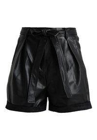 Mustat nahkashortsit, joissa on korkea vyötärö, laskokset, solmittava vyö ja käännetty helma. Sileä pinta, sivutaskut ja vähäiset yksityiskohdat.