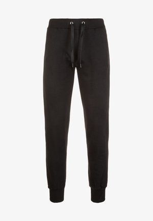 Sorte sweats i blødt stof med snøre i taljen, ribbede mansjetter og lige ben. Ingen synlige lommer.