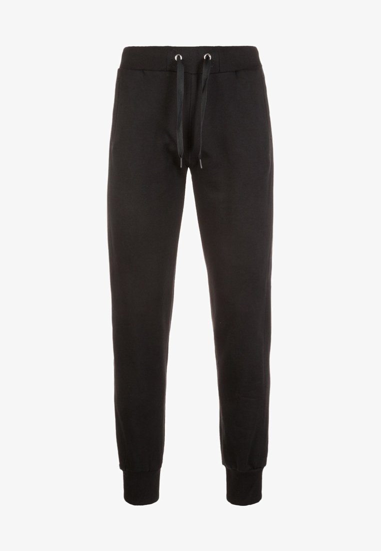 Sorte sweats i blødt stof med snøre i taljen, ribbede mansjetter og lige ben. Ingen synlige lommer.