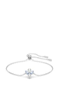 Pulsera de cadena ajustable de plata con un colgante en forma de abeja que presenta piedras preciosas claras y azul claro.