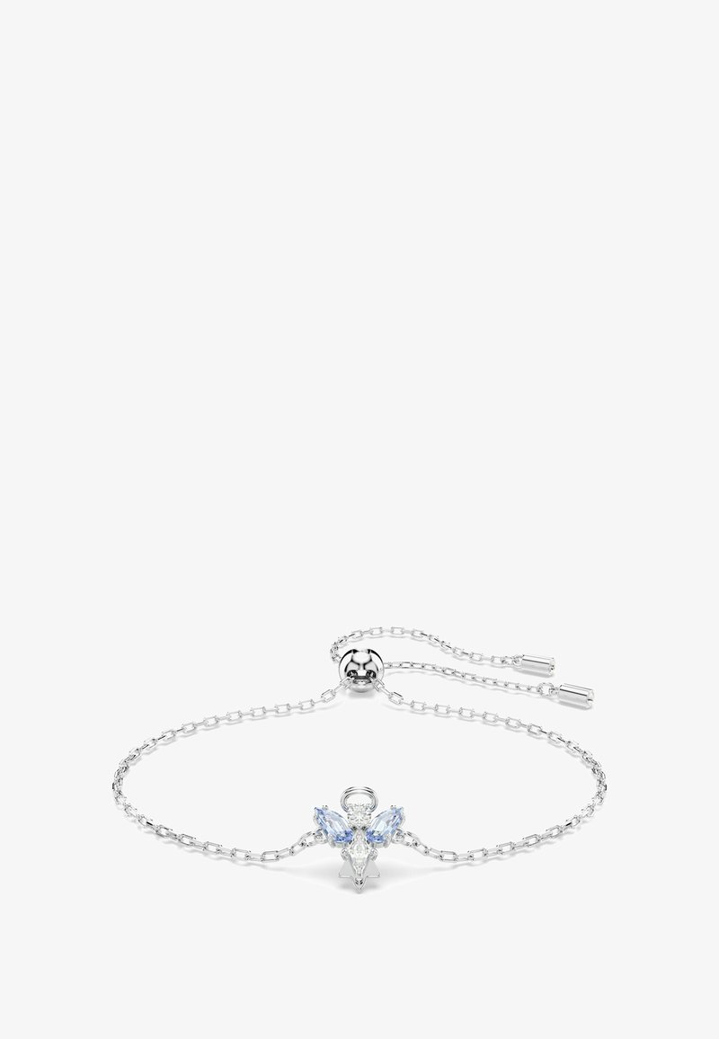 Pulsera de cadena ajustable de plata con un colgante en forma de abeja que presenta piedras preciosas claras y azul claro.
