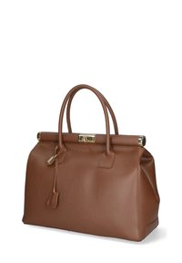 Borsa a tracolla in pelle marrone con una forma strutturata, decorazioni in metallo dorato, manici superiori doppi e una superficie liscia e texturizzata.