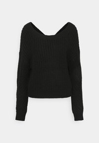 Czarny sweter z dzianiny z szerokim dekoltem w serek, długimi rękawami i teksturowanym wzorem z prążkowanymi mankietami i dołem. Krótki fason.