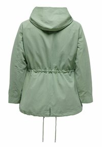 Žalias, lengvas paltas su susiaurinta juosmeniu, kapišonu ir ilgomis rankovėmis. Sklandus paviršius su paprastu dizainu ir minimaliais akcentais.