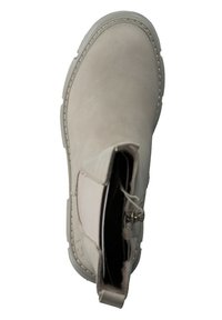 Beige ankle boot with a smooth texture, side zipper, and contrasting stitching. Rounded toe and sturdy sole.