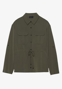 Olive green button-up shirt with a collar, two chest pockets, adjustable waist drawstring, and long sleeves. Smooth texture, lightweight fabric.
