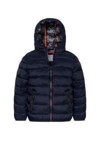 Marinblå puffjacka med huva, med zipper fram, orange detaljer och foder i kamouflage-mönster. Tillverkad av isolerande material.