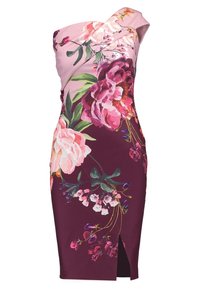 Robe florale à une épaule. Présente une partie supérieure rose et une partie inférieure bordeaux couverte de grandes fleurs roses et blanches. Détail fendu au niveau de l'ourlet.