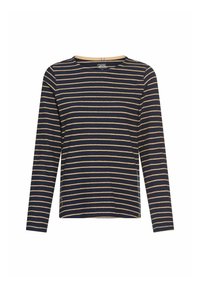 Langærmet navy top med horisontale beige striber, rund halsudskæring og afslappet pasform. Fremstillet af blødt, strækbart stof.