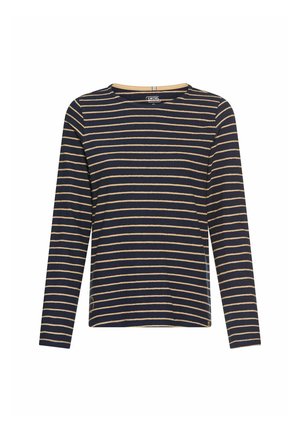 Long-sleeve navy top featuring horizontal beige stripes, a round neckline, and a relaxed fit. Made from soft, stretchy fabric.
