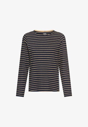 Long-sleeve navy top featuring horizontal beige stripes, a round neckline, and a relaxed fit. Made from soft, stretchy fabric.