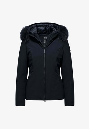 Zwarte jas met een capuchon, voorzien van een nepbontafwerking, twee zijzakken met rits en een slanke, getailleerde pasvorm met een gladde stofstructuur.