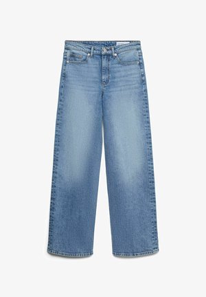 Lyseblå vidbuksete denimjeans med fremre lommer, beltehemper og knapp- og glidelåslukking.
