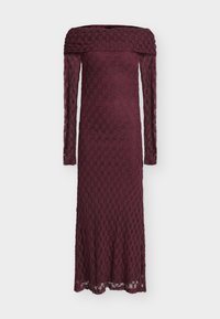 Burgundy lace dress with long sleeves and an off-shoulder neckline, featuring a floral pattern and a fitted silhouette that flares at the hem.