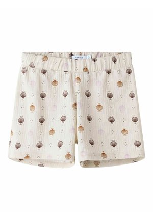 Pantaloni corti beige chiaro in tessuto texturizzato, con un motivo di conchiglie marroni e viola chiaro stampate su tutta la superficie. Vita elastica.