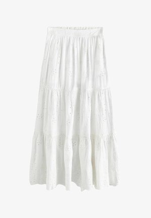 Valge kihiline maksiseelik, valmistatud kergest kangast, millel on tikitud lillemustrid ja silmaaugud õmbluste ääres. Elastne vöökoht.