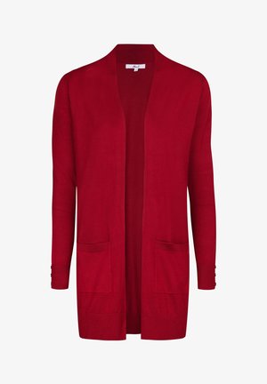 Rode lange cardigan van zacht breimateriaal, met een open voorkant, twee voorzakken en knoopdetails op de mouwen.
