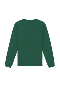 Donkergroene sweatshirt met lange mouwen, geribde manchetten en halslijn. Gemaakt van zachte stof, met een gladde textuur en eenvoudig ontwerp.