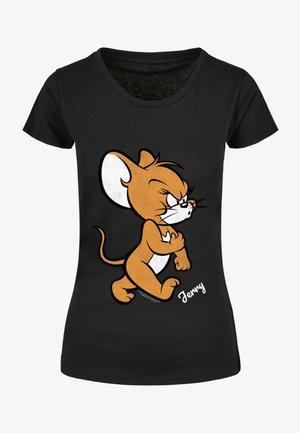 Must mustertaiga lühikeste varrukatega T-särk, millel on animeeritud tegelane, pruun ja valge, kel on üleannetune ilme. Kujunduses on allpool nimi "Jerry."