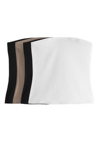 Set van vier tubetopjes in zwart, beige en wit. Gemaakt van gladde stof met een eenvoudig, naadloos ontwerp en rechte randen.