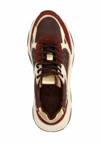 Brown mesh and suede sneaker with cream accents, round toe, and laces. Features textured upper and a cushioned inner sole.