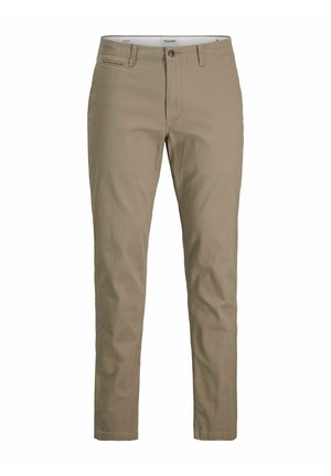 Khaki chinos van een katoenmix, voorzien van een ritssluiting, voorzakken en een slim fit ontwerp met een gladde textuur.