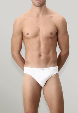 Perizoma bianco in cotone con una superficie liscia e una fascia elastica in vita, caratterizzato da un taglio a vita bassa classico e dettagli di cucitura minimi.