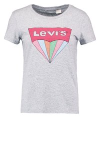 T-shirt grigio in cotone a maniche corte con collo rotondo. Presenta una grafica a forma di diamante colorata con il testo "Levi's" in rosa e dettagli in colori pastello.