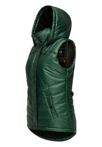 Zeleni kaput s kapuljačom, sjajnog, quilted vanjskog sloja, s prednjim zatvaračem, bočnim džepovima i mekim, crnim unutarnjim oblogom.