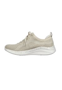 Baskets de sport en tricot beige avec une semelle blanche mouchetée. Elles disposent d'un bout arrondi, d'un système de laçage à l'avant et d'une languette au talon pour un enfilage facile.