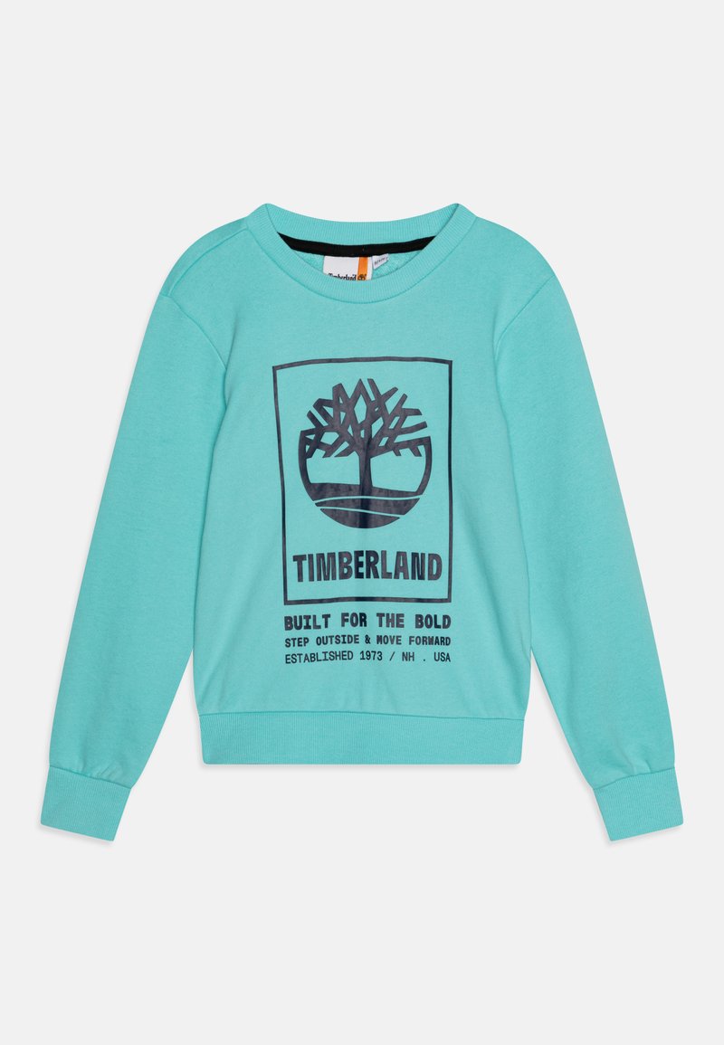 Felpa turchese con maniche lunghe, scollo rotondo e polsini a coste. Presenta un logo di un albero nero e del testo stampato sulla parte frontale.