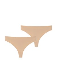 Deux paires de string beige en tissu lisse, avec une coupe classique, des coutures minimales et une taille élastique douce.
