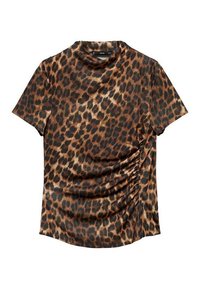 Top corto de manga corta con estampado de leopardo en marrón y negro, que presenta una textura suave y un detalle fruncido en el costado para un interés visual adicional.