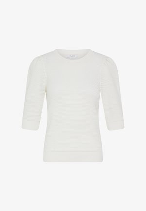 Pulover scurt cu mâneci scurte, tricotat textura albă, cu decolteu rotunjit și detaliu ușor bufant la cusăturile umerilor.