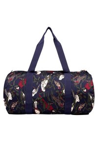 Granatowa torba podróżna z kwiecistym wzorem, na którym znajdują się ptaki. Wykonana z wytrzymałej tkaniny, z mocnymi uchwytami i zamkiem błyskawicznym.