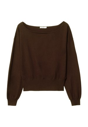 Brun, cropped sweater med bred halsudskæring og lange, let puffede ærmer. Blød tekstur og ribbet kantdetalje. Ingen synlige lukninger.
