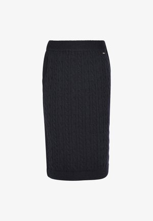 Marineblå strikket nederdel med kabelmønster, elastisk talje og ribbet kant; designet til komfort og struktureret pasform.