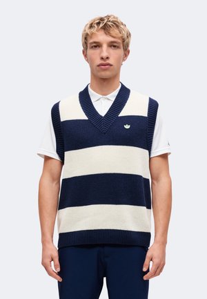Ung mand iført en marineblå og hvid stribet ærmeløs sweatervest over en hvid polo, stående foran en ensfarvet lys baggrund.
