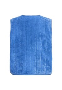 Haină fără mâneci din material terry blue, cu textură verticală tip dungi, are un decolteu rotund și margini cu bordură albastră uni.