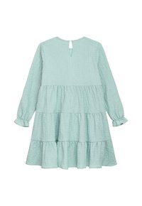 Mintgrünes, langärmliges Kleid aus strukturiertem Stoff, mit schichtweisem Design und Detail mit Schlüsselaugenöffnung hinten. Rüschensaum an den Ärmeln.