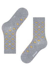 Szare skarpetki z żółtymi wzorami korony i lwa, z diamentowym deseniem i miękką teksturą. Nazwa marki nadrukowana na biało.