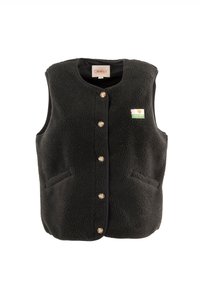 Zwarte fleece vest met ronde halslijn, twee voorzakken en knoopsluiting. Bevat een klein logo op de borst.