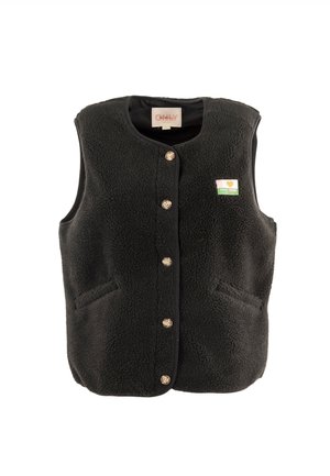 Zwarte fleece vest met ronde halslijn, twee voorzakken en knoopsluiting. Bevat een klein logo op de borst.