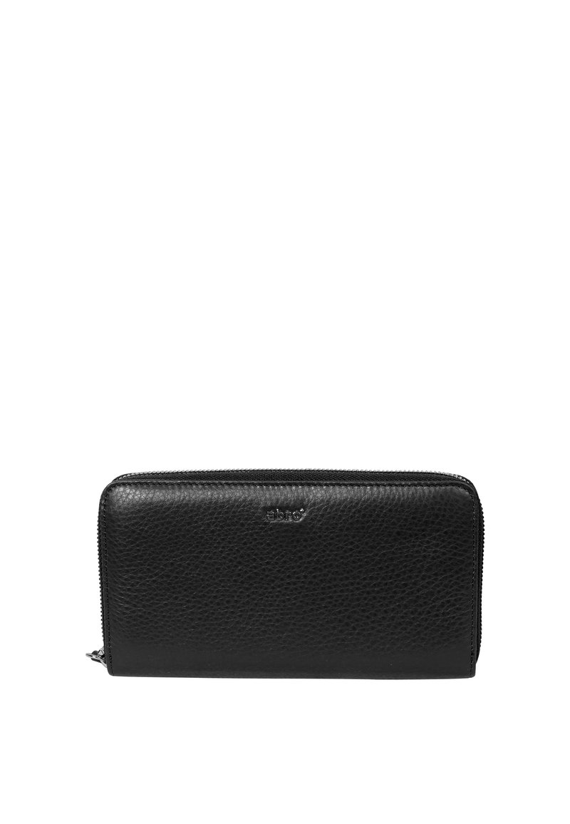 Black leather wallet with a textured finish, featuring a zip closure and embossed logo on the front. Rectangular shape, slim design.
