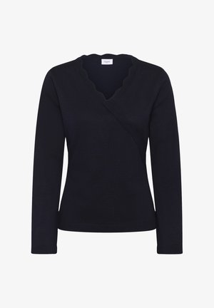 Navy blue long-sleeve knit sweater with scalloped V-neck and wrap-style diagonal seam across the front.