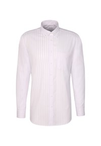 Witte lange mouwen shirt met lichtblauwe verticale strepen, met knoopsluiting kragen, een borstzak en knoopsluiting aan de voorkant. Soepele textuur.